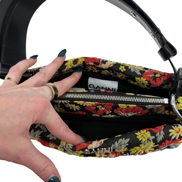 GANNI Pillow Floral Jacquard Baguette Shoulder Bag Meadow Black Nylon Designer - Picture 7 of 12